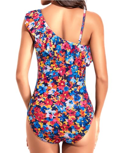 Image of Tempt Me Women One Piece Swimsuits Tummy Control One Shoulder Bathing Suits Ruffle Swimwear