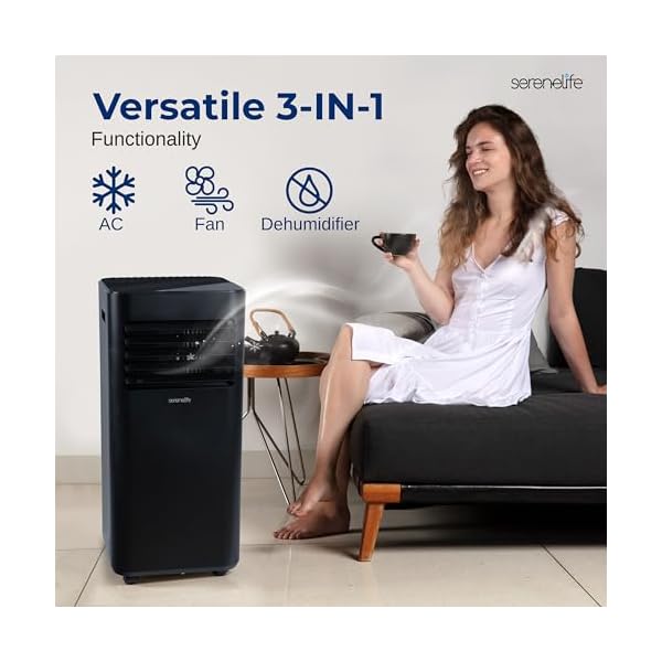 Serenelife 8000 btu portable air conditioner 3 in 1 portable ac unit for bedroom up to 300 sqft 24h timer remote control sleep mode wheels with window mount kit black  urban country home decor