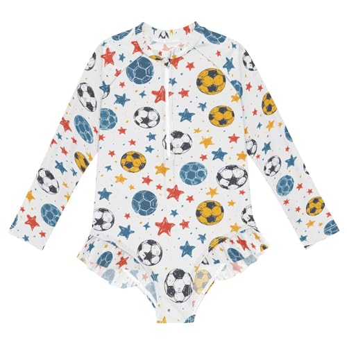 ALAZA Soccer Star White Girls One Piece Swimsuit Long Sleeve Rash Guard Swimsuits UV 50+ Swimwear Zipper