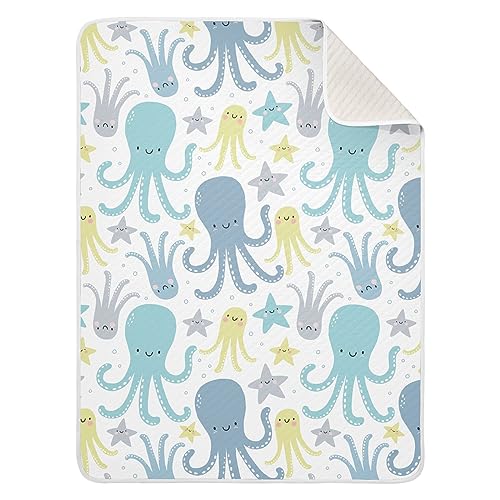 Image of Swaddle Blanket for Blue Octopus with Star Baby Receiving Blanket Muslin Baby Swaddles Soft Cotton Breathable Nursery Blankets for Unisex Boys and Girls 30x40 Inch