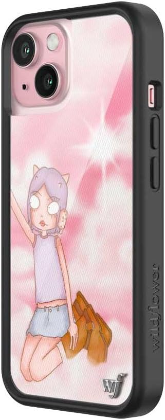 Wildflower Cases - Compatible with iPhone 15 | Protective Black Bumper, 6.5ft Drop Test Certified, Women Owned Small Business | Pink White Clouds Sky Dainty Cute Trendy | Collab- Enya