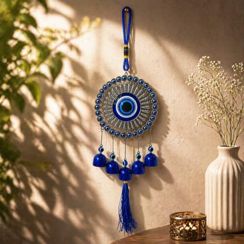 Image of Jaipur Ace 5 Bell Evil Eye Hanging Wind Chime for Home & Balcony Decor - Blue Nazar Protection Charm with Soothing Sound, Decorative Wall Hanging for Positive Energy, Living Room & Gift Use