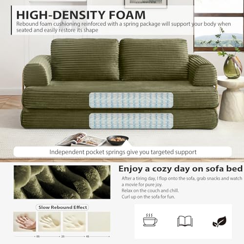 Image of HANXIN 80 Inch Convertible Sleeper Sofa Bed, High Back Plush Corduroy Folding Floor Mattress Couch with Fixed-Shape Frame, Boneless Futon Loveseat with Pull Out Bed, No Assembly Required (Green)