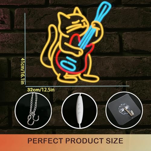 Image of Guitar Cat Neon Sign LED Music Light Colorful USB Powered LED Music Wall Decor for Bedroom Studio Party gifts for Teens Cat Lovers and Guitar Fans