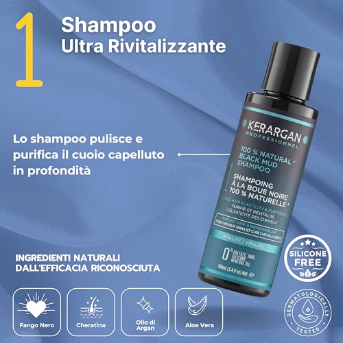 Kerargan - Kit Voyage Revitalisant à La Boue Noire De La Mer Morte Pour Cheveux Gras Et Cuir Chevelu Irrité - Shampoing, AprèS-Shampoing, Masque - Purifie Et Revitalise - Sans Sulfate, Gmo - 3X100Ml - 3