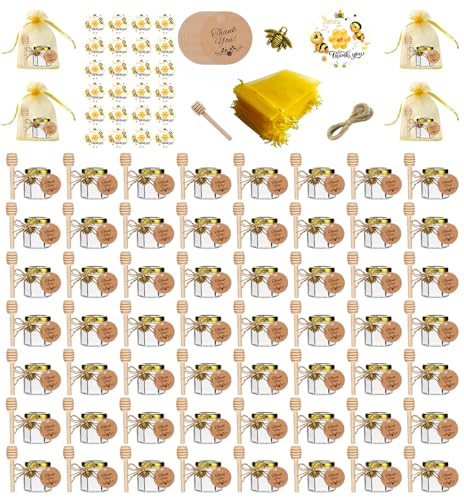 Hapneyea 60 paquetes de latas de miel de vidrio de 1,5 onzas con cucharas,colgantes de abejas,bolsas de regalo,tarjetas de agradecimiento,pegatinas - adecuadas para regalos para bebés,bodas y fiestas