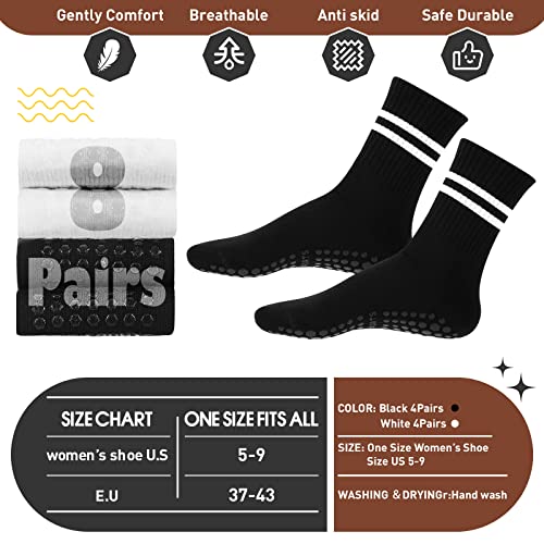 Handepo 8 Pairs Yoga Socks With Grips For Women, Non Slip Crew Neck Long Socks For Pilates Yoga, Ballet, Fitness, Barre, Dance, Household Fitness Pilates Stripe Socks, White And Black #TOP1