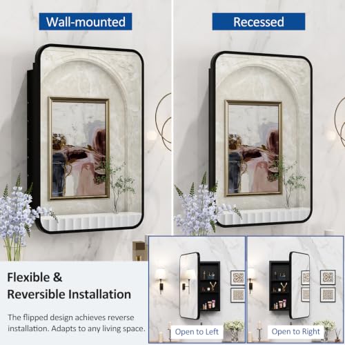 Image of ACEMIRO 24x30 Inch Bathroom Medicine Cabinet with Mirror Black Metal Framed Farmhouse Recessed or Surface Wall Mounted Black Medicine Cabinets for Bathroom
