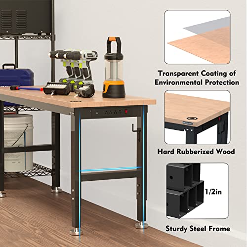 Image of WORKPRO 60 inch Adjustable Workbench, Rubber Wood Top Heavy-Duty Workstation, 2000 LBS Load Capacity Hardwood Worktable with Power Outlets, for Workshop, Garage