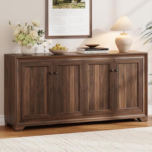 ONBRILL 60" Buffet Cabinet with Storage, 4 Doors Sideboard Buffet Cabinet with Adjustable Shelves, Modern Coffee Bar Console Table for Living Room, Kitchen, Entryway,Brown