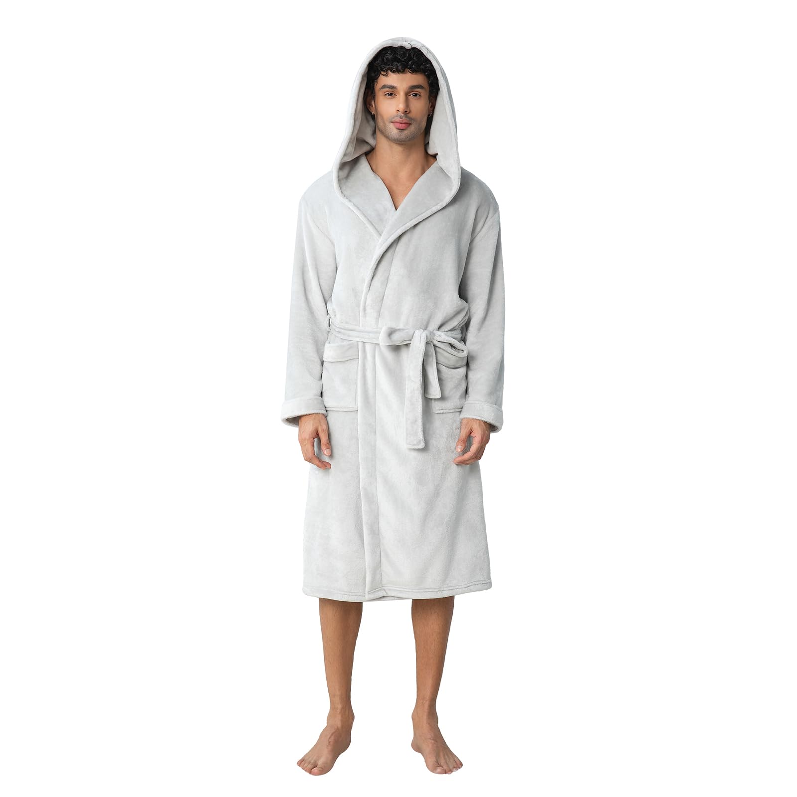 Lagtew Men's Hooded Fleece Bathrobe, Absorbent Anti-Static Plush Robe for Men with Pockets, Warm Soft for Home and Spa