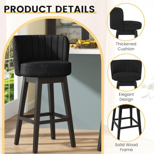 Image of COCO DESIGN Swivel Bar Stools Set of 2, 30 inch Bar Height Mid Century Modern Barstools with Back, Linen Upholstered Seat and Solid Wood Legs, for Bar Kitchen Island, Mysterious Black