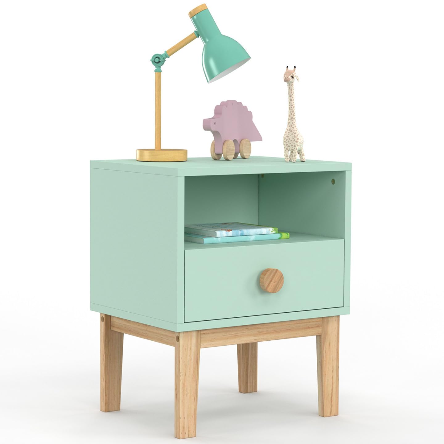 IDMarket Jacob - Mesita de noche infantil con 1 cajón + 1 nicho verde agua y madera