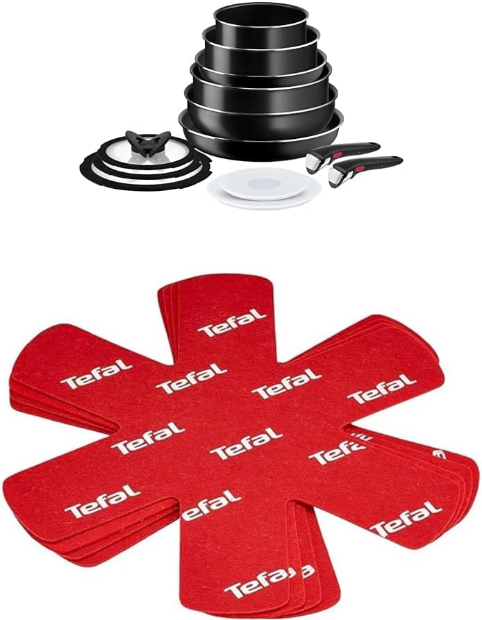Tefal Ingenio Easy ON Pots & Pans Set, 13 Pieces, Stackable, Removable Handle, Space Saving, Non-Stick, Black, L1599243 & K2203004 Set of 4 Red Pan Protectors