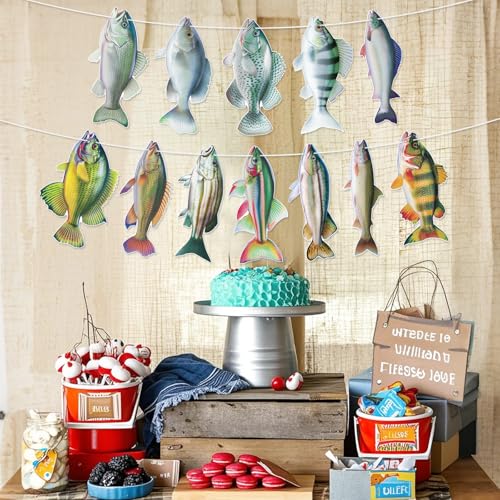 Image of Hooqict Gone Fishing Hanging Banner Garland Fish Birthday Party Banner for Happy Birthday Decorations Fishing Theme Party Supplies Under The Sea Baby Shower Fathers Day Decorations
