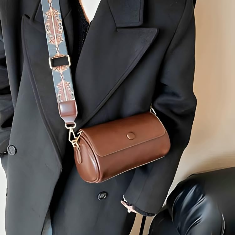 Image of Vintage Leather Crossbody Sling Bag with Decorative Patterned Strap for Daily Use, Travel & Shopping, Phone Purse with Adjustable Strap - Lightweight Casual Trendy Bag for Ladies & Girls