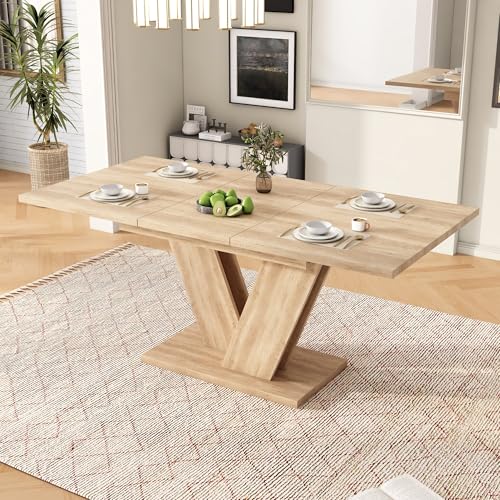 Goldicoo Table à manger extensible 140-180 x 80 cm, rectangulaire, couleur chêne, pieds en métal en forme de V, MDF, pour 4 à 8 personnes