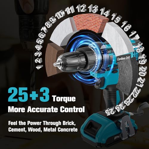 Image of LEEIKOO Cordless Drill Driver 21V, Cordless Hammer Combi Set with 2 Batteries 2000mAh, 42N.m Max Electric Battery Drill, 25+3 Torque, LED Light, 2 Speed, 30PCS for Home and Garden DIY Project
