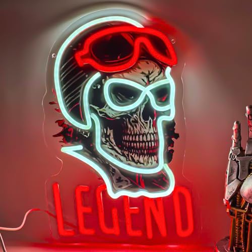 Image of Skull & Helm LED Neon Sign USB Powered for Wall Decor,Rogue Rider Legend Neon Night Light Sign Dimmable for Boys Room Party Decor Halloween Birthday Gifts