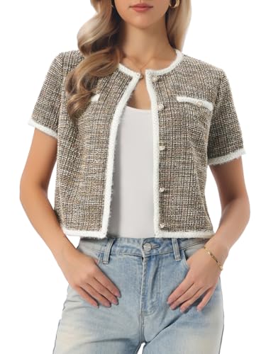 Image of Allegra K Short Sleeve Tweed Jacket for Women Summer Crew Neck Button Front Cropped Cardigan