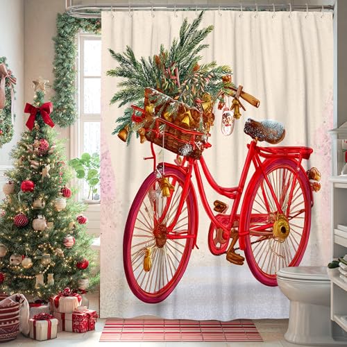 Weihnachts-Fahrrad-Duschvorhang, leuchtend rote Fahrräder mit Urlaubsgrün & Geschenken, Badezimmer-Dekor, festlicher Winter, rustikal, wasserdicht, Stoff-Duschvorhang mit Haken, 137 x 198 cm