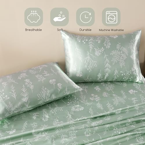 Image of MR&HM Satin Bed Sheets with Elastic Corner Straps, Full Size Sheets Set, 4 Pcs Silky Bedding Set with 15 Inches Deep Pocket for Mattress (Full, Floral Sage)