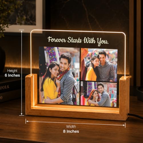 Image of Giftplease Personalized LED Acrylic Photo Frame with Custom Picture and Text, Romantic Couple Night Lamp, Wooden Base Memory Display, USB Table Decor for Anniversary, Wedding, Bedroom Home