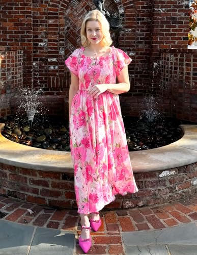 GRACE KARIN Women's 2025 Summer Floral Smocked Off Shoulder Flowy A Line Maxi Dresses Formal Wedding Guest Dress with Pockets4