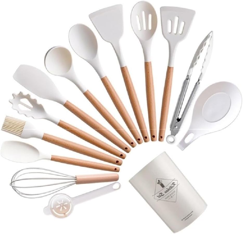 Lot 12 Ustensiles De Cuisine – Silicone Et Bois, Noir, Spatule, Louche, Pince, Pinceau