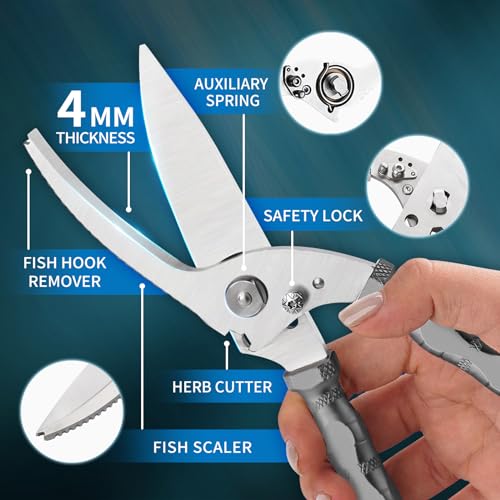 LANVIYA Multi-Purpose Outdoor Scissors, Stainless Steel Blade with Aluminum Handle, Fish scale scraper, Bottle Opener, Fire Starter, Detachable Meat Slicing Knife, Portable Camping Gear (Grey) — view 3