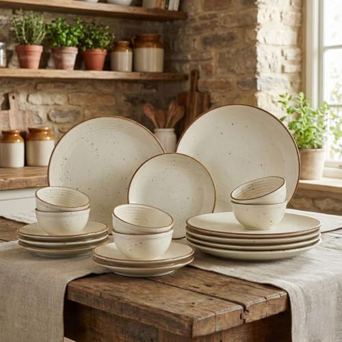 Image of Freakway Ceramic Dinner Set 18 Pieces | Stoneware Dinnerware with 6 Dinner Plates, 6 Quarter Plates & 6 Bowls | Rustic Speckled Design, Off-White
