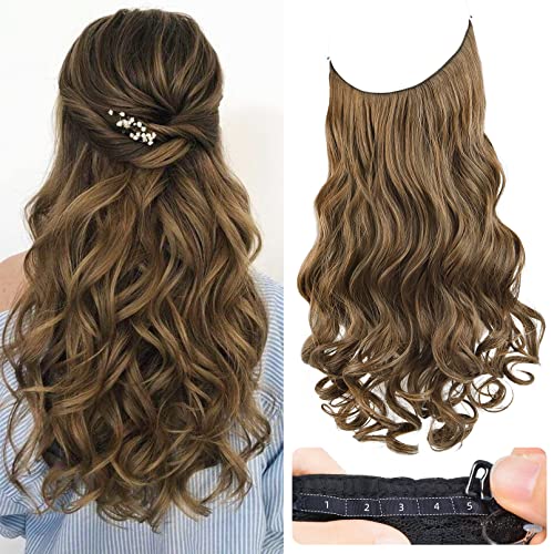 REECHO Invisible Wire Hair Extensions with Transparent Headband Adjustable Size Removable Secure Clips in Curly Wavy Secret Hairpiece for Women 20 Inch - Light Ash Brown with Highlights