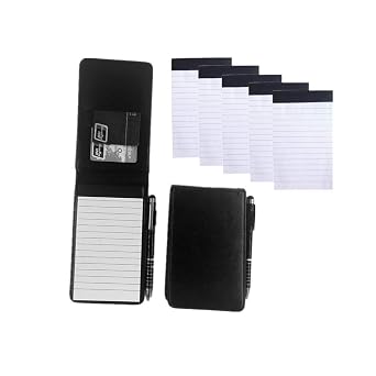 Mini Pocket Notepad Holder Included with Metal Pen and 50 Lined Sheets,Refillable,with Notebook Refills,Memo Book Refills 5 Pack 3x5 Inch Sized Writing Pad with 30 Lined Paper Per Note Pad Black
