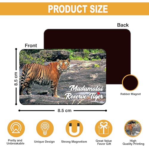 Image of Elegant Fridge Magnet with Themes |Rectangular Size Refrigerator Magnet with Magnetic Rubber Back | Pack of 1, 8.6cm X 5.4cm (Mudumalai Reserve Tiger)