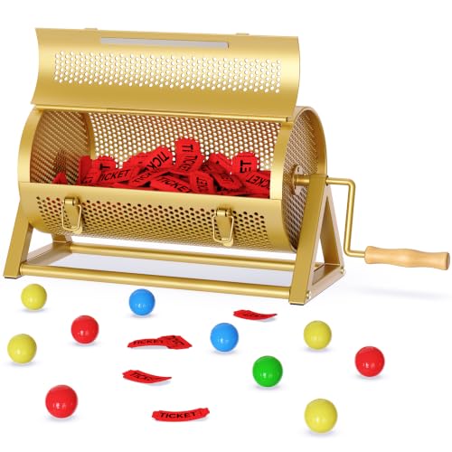 NANATI Metal Raffle Drum, Heavy Duty Gold Raffle Ticket Spinner, Silent Design Raffle Ticket Cage with Large Wooden Handle, Raffle Box Holds 3000+ Tickes & 151 Balls for Lottery Games, Bingo