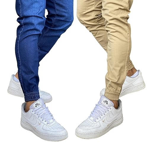 Kit 2 Calça Jeans Masculina Jogger Com Punho (M, BEGE E ESCURO)