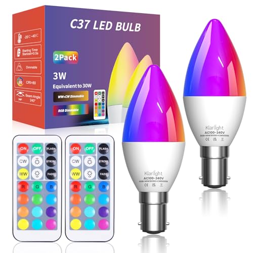 Klarlight C37 Bombilla LED RGB B15 3W Regulables Bombilla LED RGB de Colores 3W Bombilla Con Mando a Distancia, Adecuada Para Iluminación Diaria E Iluminación De Atmósfera