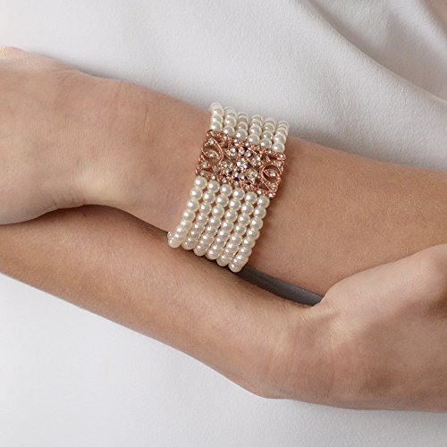 Mariell Ivory Pearl and 14K Rose Gold Plated Crystal Stretch Cuff Bracelet, Medium Size 6" to 7" Fits Most Wrists, Simulated Pearls, Vintage Design Bracelet For Brides, Weddings, Mother of the Bride4