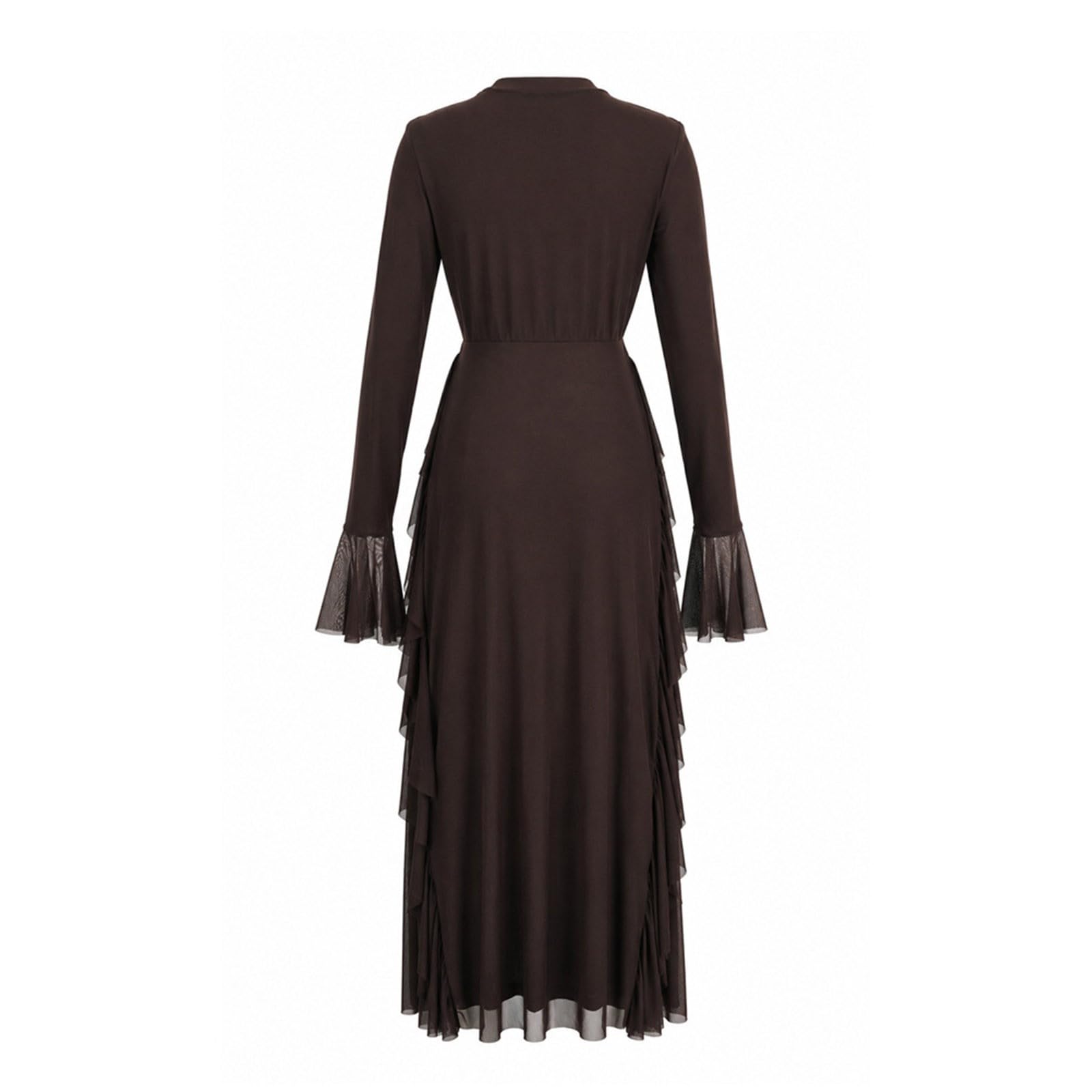 Generisch Robe longue élégante pour femme avec volants, manches trompette et col montant, vintage, col rond, en velours côtelé, robe de soirée, robe de mariée avec ceinture, élégante robe de cocktail