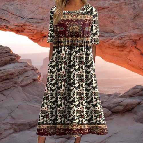 Boho Dress for Women Floral Print Short Sleeve Crewneck Plus Size High Waist Smocked Flowy Swing Ruffle Dress - Image 2