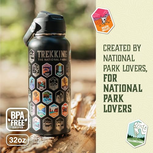 Trekking The National Parks Water Bottle with 63 Waterproof Stickers & 3 Lids (Straw, Spout, & Chug) | 32 Oz Insulated Wide Mouth Stainless Steel Bottle for Camping & Hiking | BPA-Free and Leak-Proof
