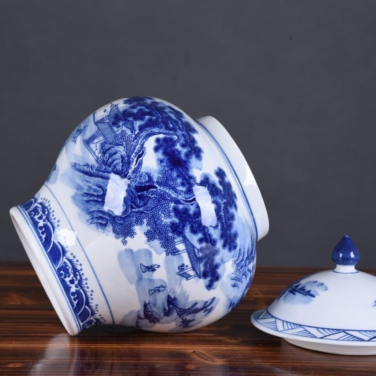 Traditional Blue and White Porcelain Ginger Jar, Chinese Landscape Design, Decorative Ceramic Lidded Vase