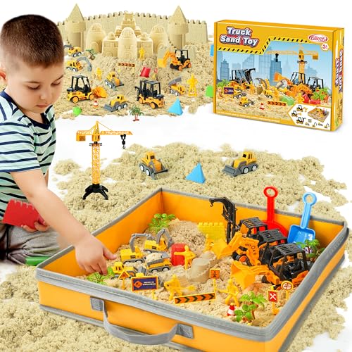 Billeeit Sand Construction Kit with Big Foldable Sandbox and 2.2lbs Moldable Sensory Play Sand, Truck Toys Including Castle Molds and Other Accessories - 36Pc Set for Kids 3+