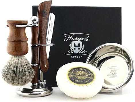 Haryali London, 5 Pcs Wooden Shaving Kit - Traditional Shave Kit with Cut Throat Razor, Badger Brush, Bowl and Stand, Classic Shaving Set for Mens Close, Smooth Shaves