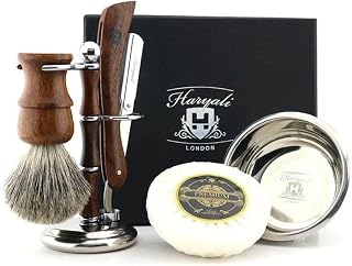 Haryali London, 5-teiliges Rasierset aus Holz – Traditionelles Rasier-Set mit Rasiermesser, Dachshaarpinsel, Schale, Rasierseife und Ständer, klassisches Rasier-Set für eine gründliche Rasur.