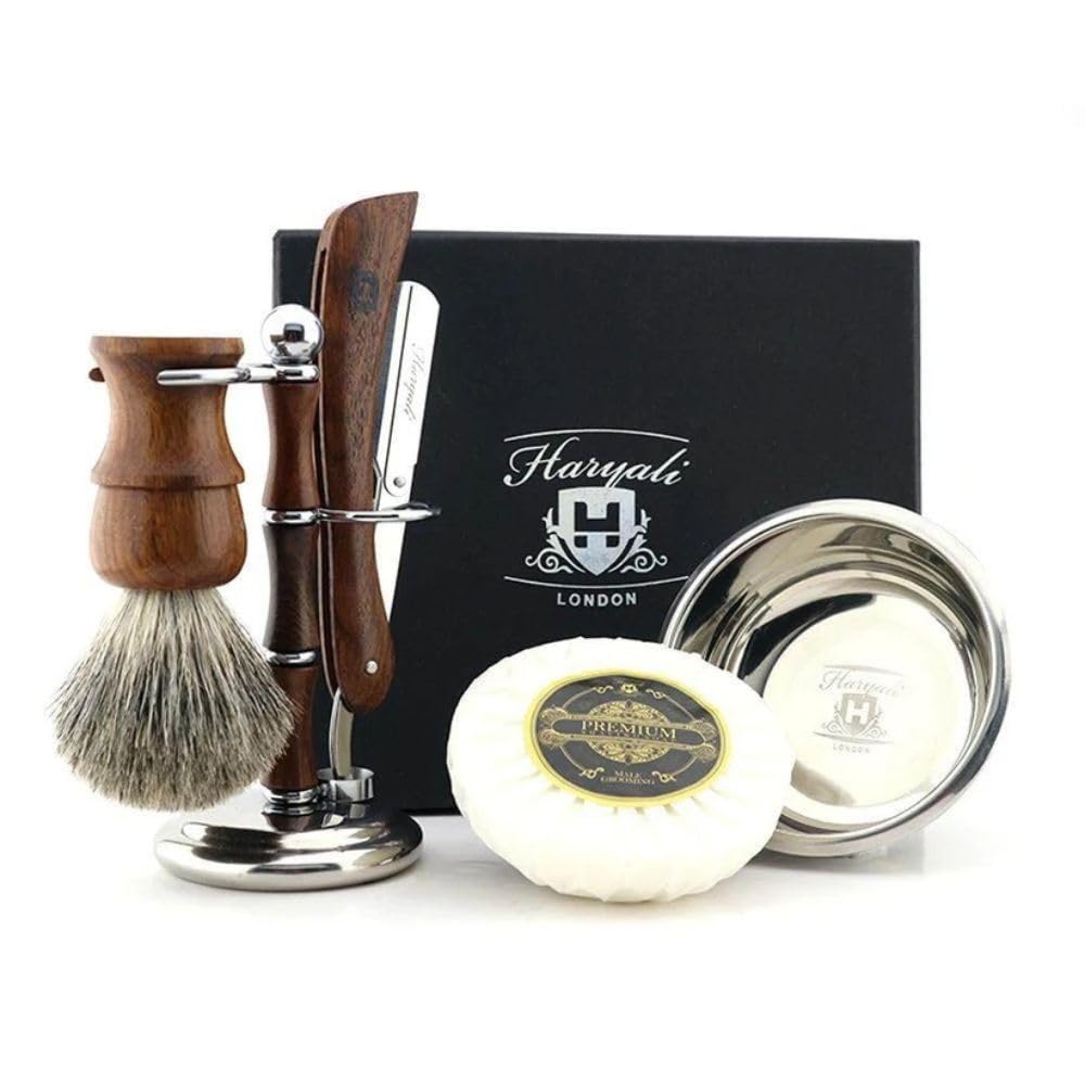 Haryali London, 5-teiliges Rasierset aus Holz – Traditionelles Rasier-Set mit Rasiermesser, Dachshaarpinsel, Schale, Rasierseife und Ständer, klassisches Rasier-Set für eine gründliche Rasur.