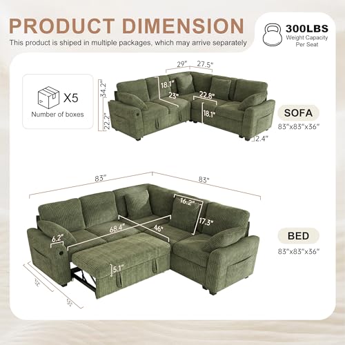 Image of Hanherry Sectional Couch with Pull Out Sofa Bed,Corduroy Sleeper Sofa with 2 Seat Storage & USB Charging,Comfy L Shaped Modular Couches for Living Room,Apartment