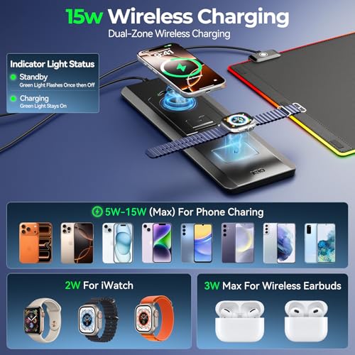 Image of KDD RGB Mouse Pad with Wireless Charging - Desk Mat with Phone Holder and 15W Fast Charger - Gaming Mousepad with Ultra-Smooth Surface, Non-Slip Base - Keyboard Mat for Home Office Gamer Accessories