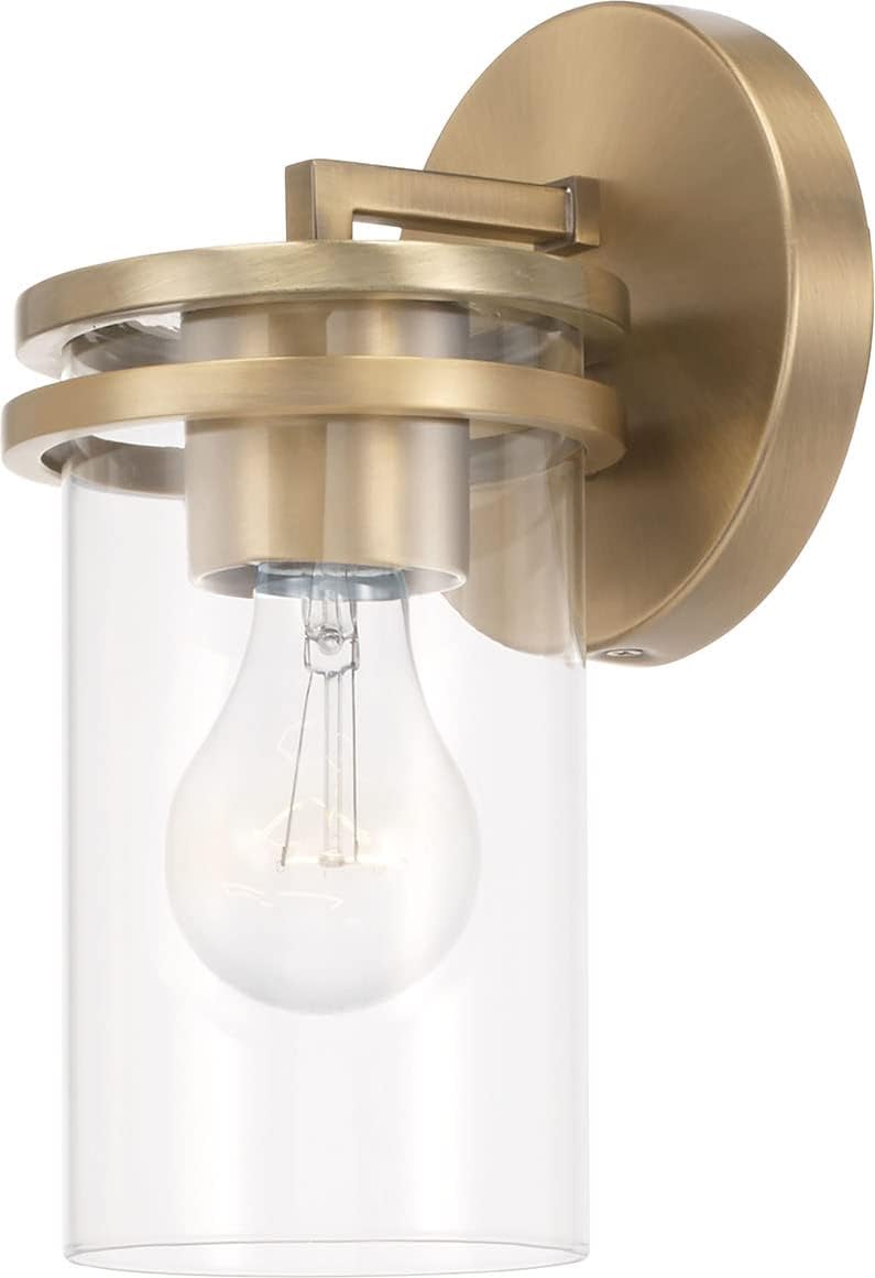 HomePlace by Capital Lighting 648711AD-539 Fuller Transitional Clear Glass Cylinder Wall Sconce, 1-Light 100 Watt, 10" H x 5" W, Brass