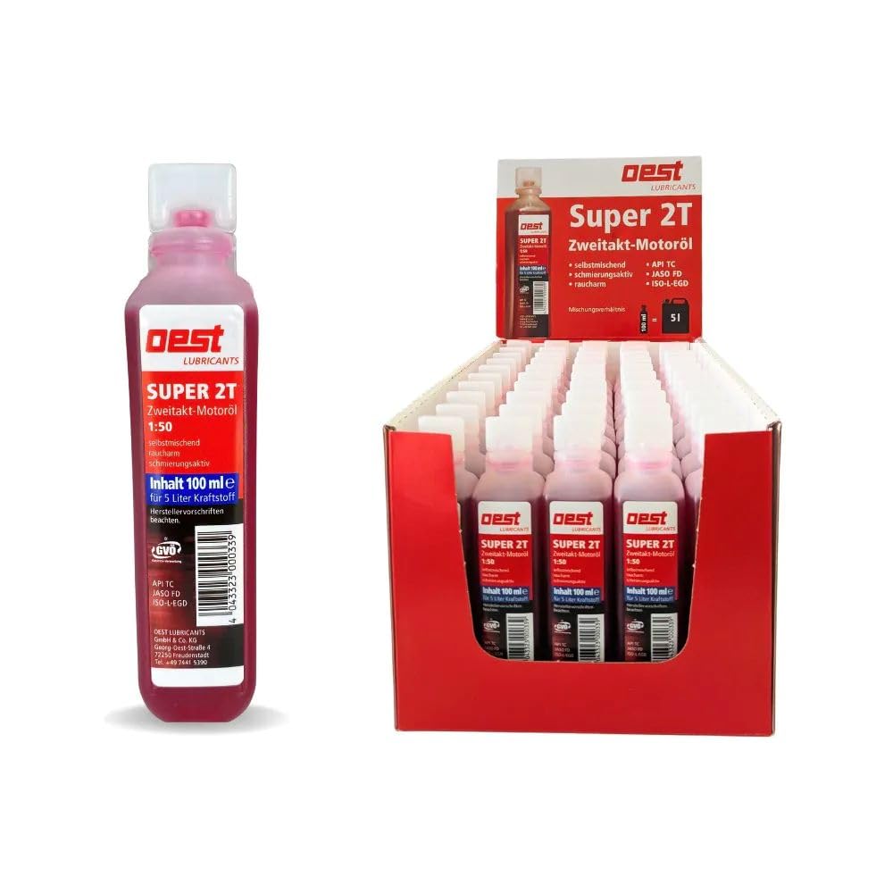OEST Super 2T 2-Takt Motoröl teilsynth 100 ml Flaschen – API TC/JASO FD | Low Smoke Hochleistungsöl für Motorsägen, Freischneider & Zweitakter | selbstmischend, auch für Getrenntschmierung (1:50)